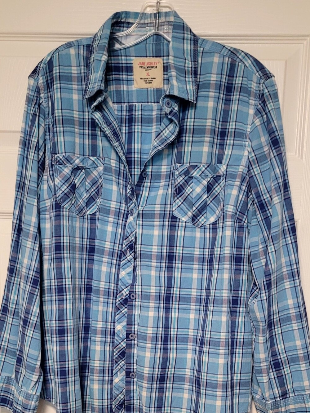 Jane Ashley Light & Navy Blue Plaid Button-Down Shirt